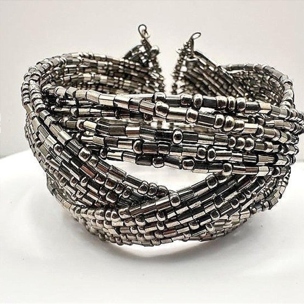Vintage 90s Silver Tone Multi-Strand Beaded Wide Cuff Bracelet Women's Jewelry
